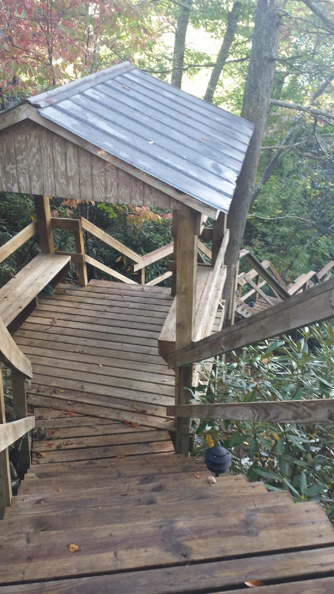 Metal roofed shelter over wooden steps on a wooded walkway — Skylight Repair & Installation work by our crew in Lynd